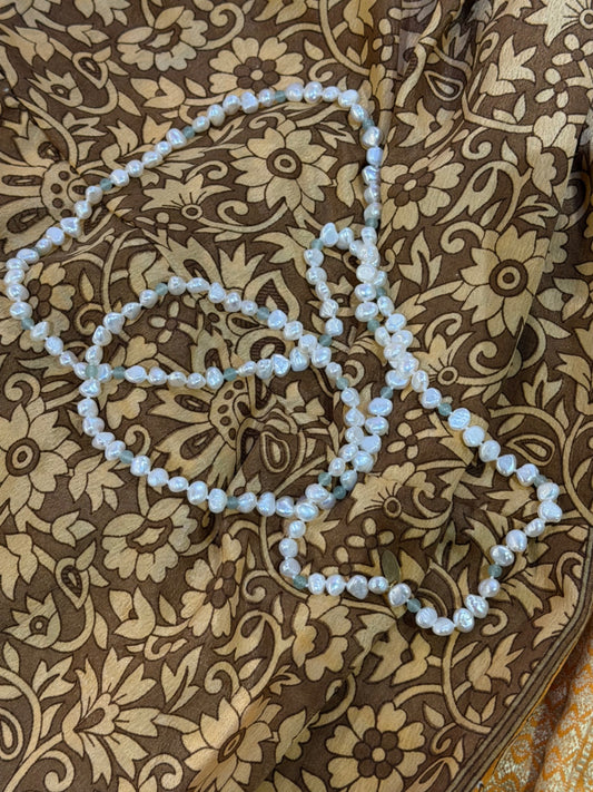THE TIDELINE STRAND  Freshwater Pearl & Aquamarine Long Necklace