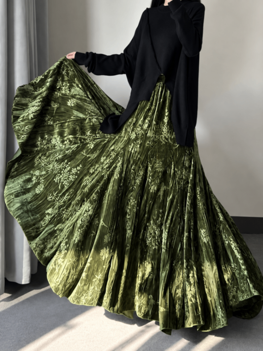 Green Velvet Floral Embossed Skirt One Size