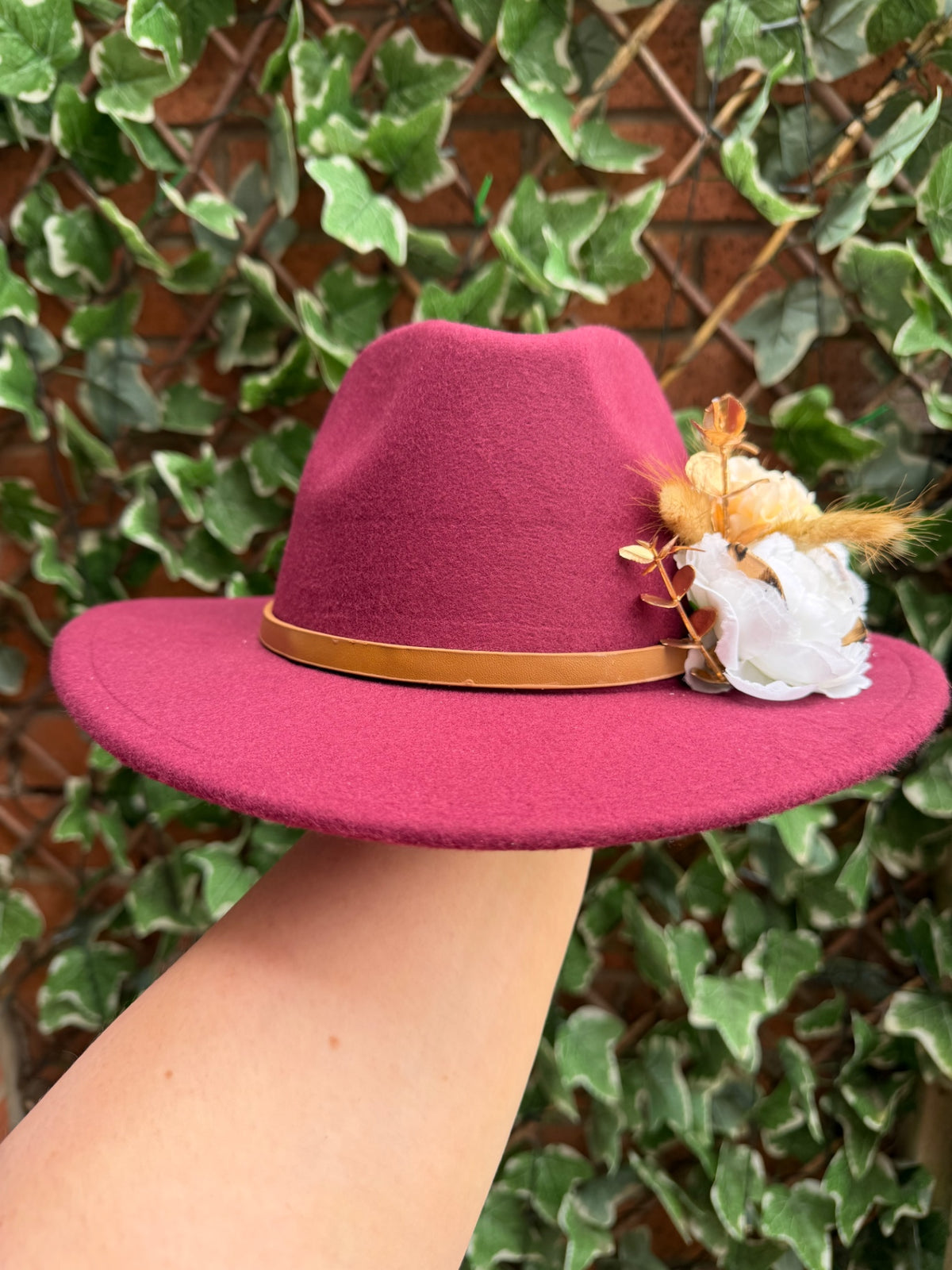 Burgundy embellished fedora hat 
