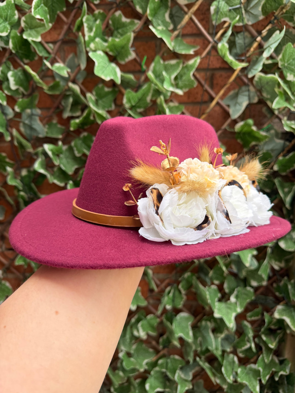 Burgundy embellished fedora hat 
