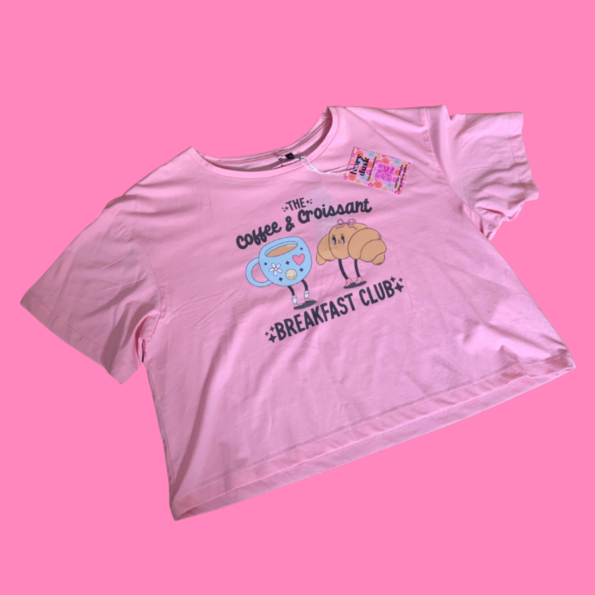 Coffee and croissant breakfast club cropped pink tshirt