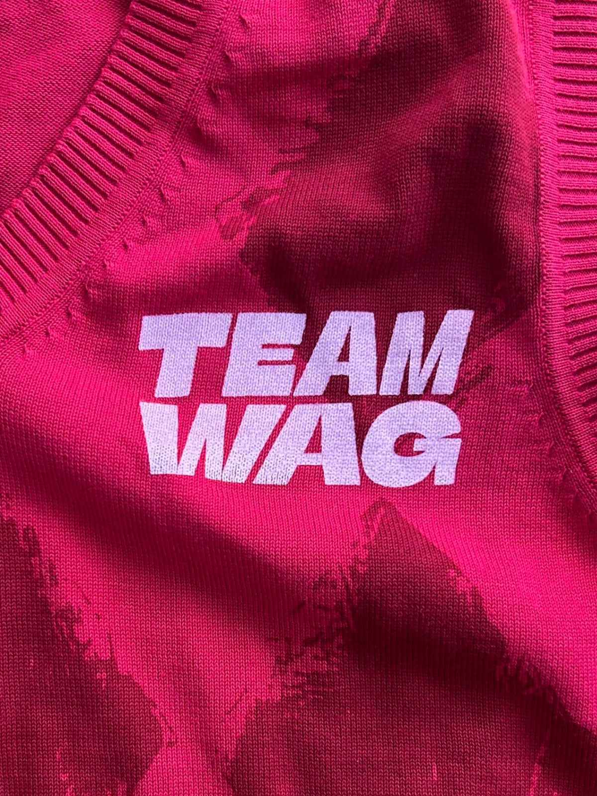 Upcycled knit with Team Wag overprint
