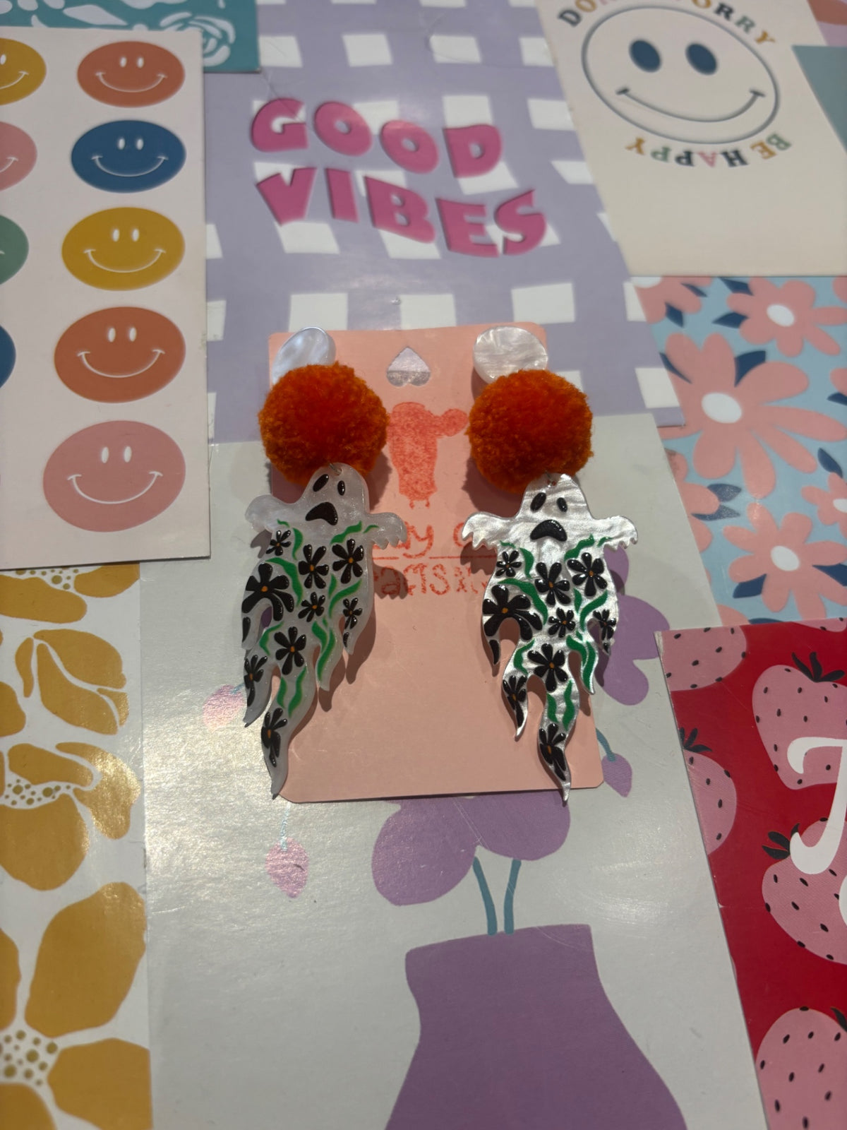 White Ghost Pom Pom Stack Earrings