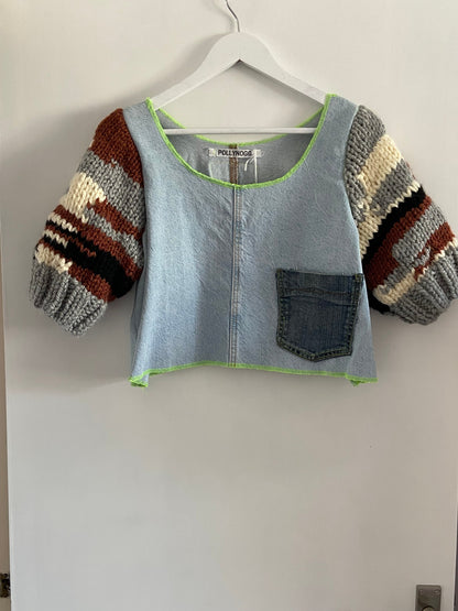 Denim Crop Top with Knitted Sleeves