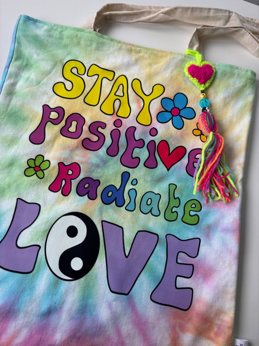 Tie dye tote with crochet bag charm