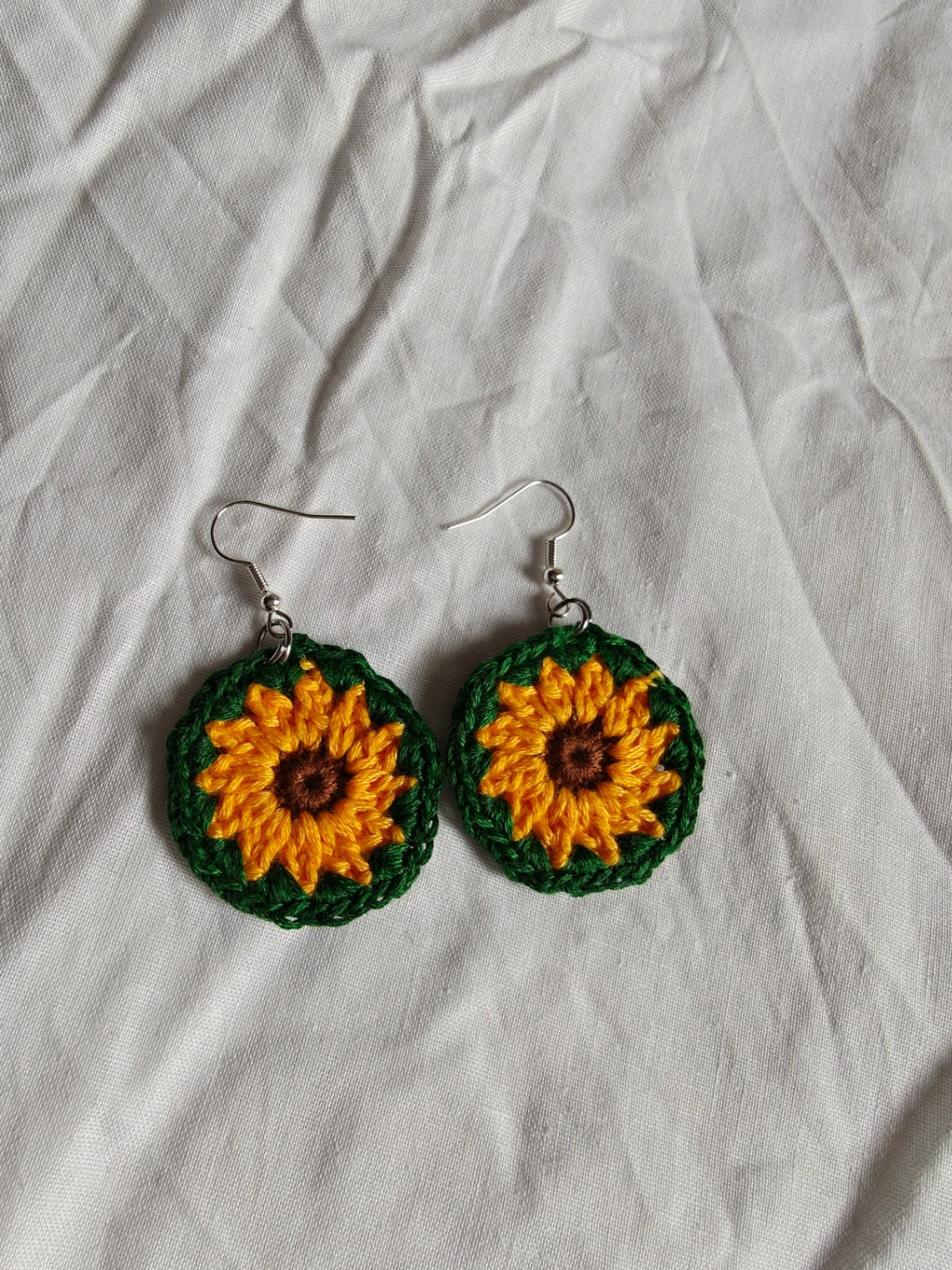 Small boho crochet sunflower earrings