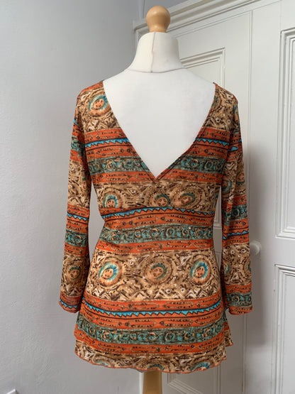 vintage v-neck orange & blue top 