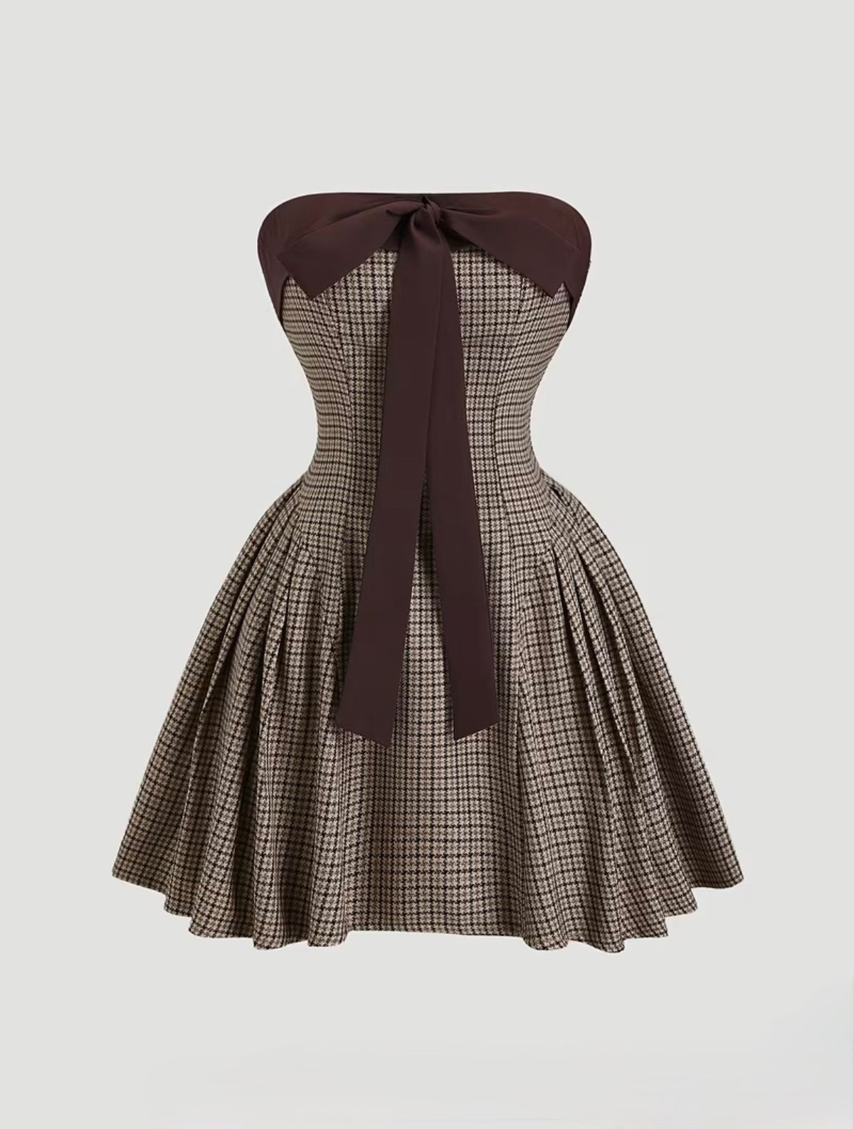 Brown Bow Houndstooth Mini Dress Large