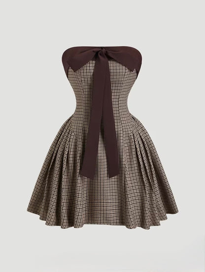 Brown Bow Houndstooth Mini Dress Large