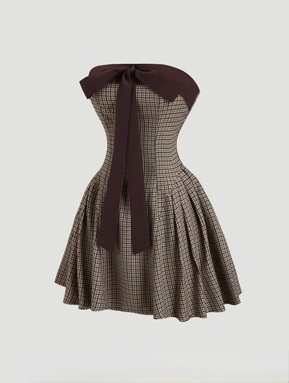 Brown Bow Houndstooth Mini Dress Large