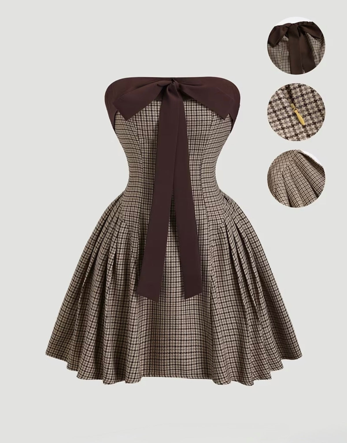 Brown Bow Houndstooth Mini Dress Large