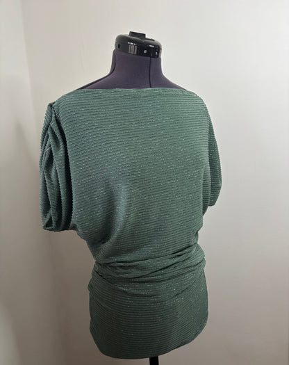 Green sparkle ruched sleeves cinched waist top 