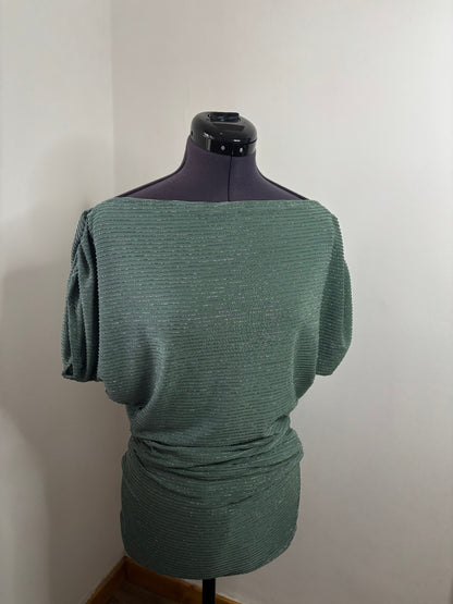 Green sparkle ruched sleeves cinched waist top 